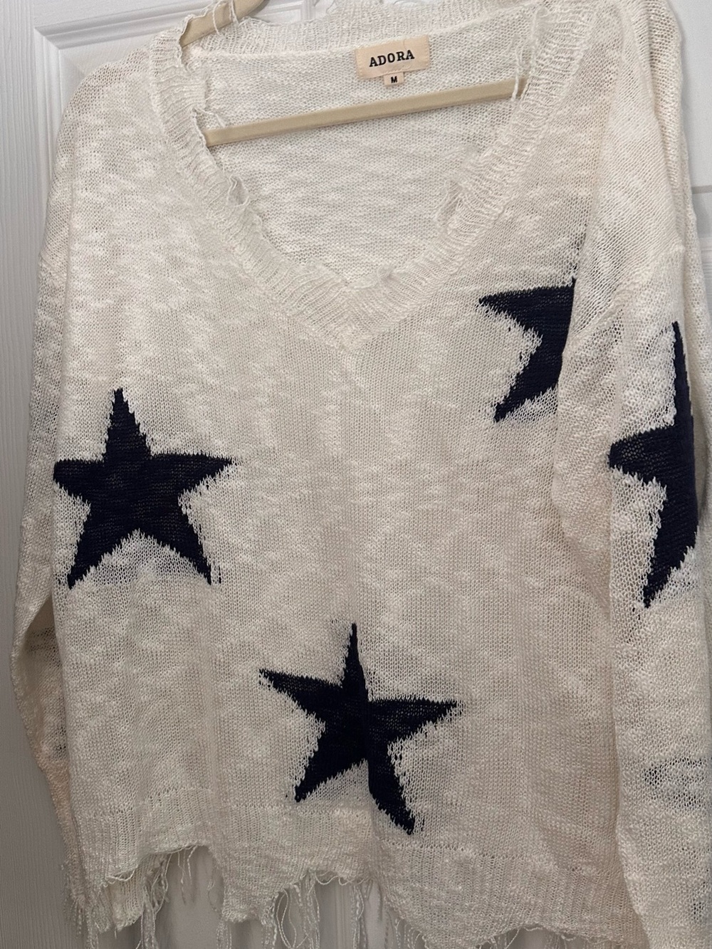 ADORA Cream V-Neck Sweater with Navy Star Accents